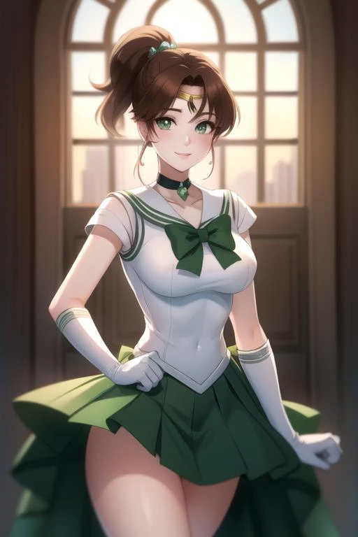 masterpiece, best quality,  sky, clouds, cityscape, smile, looking at viewer, 
,, <lora:sailorjupiter-lora-nochekaiser:1> sailor jupiter, brown hair, circlet, (green eyes:1.5), hair bobbles, hair ornament, medium hair, ponytail, sidelocks, (parted bangs:1.5),  back bow, bow, bowtie, brooch, choker, earrings, elbow gloves, flower earrings, gem, gloves, green choker, green gemstone, green sailor collar, green skirt, jewelry, miniskirt, pink bow, pink bowtie, pleated skirt, sailor collar, shirt, short sleeves, sidelocks, skirt, white gloves, white shirt,, (masterpiece:1.2), best quality, high resolution, unity 8k wallpaper, (illustration:0.8), (beautiful detailed eyes:1.6), extremely detailed face, perfect lighting, extremely detailed CG, (perfect hands, perfect anatomy),