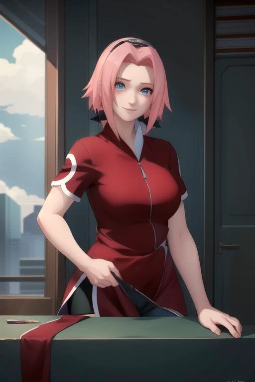 masterpiece, best quality,  sky, clouds, cityscape, smile, looking at viewer, 
,, <lora:Sakura:1>  haruno sakura, 1girl, pink hair, solo, green eyes, short hair, smile, forehead protector, looking at viewer, closed mouth, long hair, short sleeves, ( BLACK bike shorts :1.3), full body, konohagakure symbol, blush, toeless footwear , (RED DRESS : 1.5), (masterpiece:1.2), best quality, high resolution, unity 8k wallpaper, (illustration:0.8), (beautiful detailed eyes:1.6), extremely detailed face, perfect lighting, extremely detailed CG, (perfect hands, perfect anatomy),