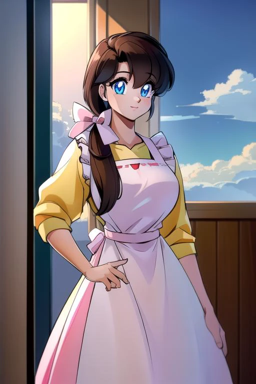 masterpiece, best quality,  sky, clouds, cityscape, smile, looking at viewer, 
,, <lora:Tendou_KasumiV2:1> tendou_kasumi, solo, smile, looking_at_viewer, apron_pinkish_white_ribbon, apron_white_ruffle, yellow_sweater_red_skirt, (masterpiece:1.2), best quality, high resolution, unity 8k wallpaper, (illustration:0.8), (beautiful detailed eyes:1.6), extremely detailed face, perfect lighting, extremely detailed CG, (perfect hands, perfect anatomy),