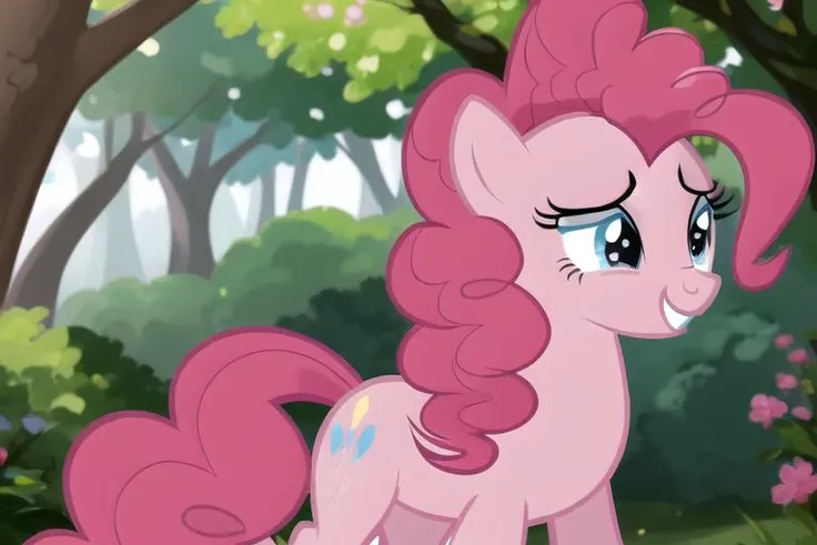 <lora:MLP_PINKIE_PIEV2:1> pinkie_pie, pokemon (creature), no humans, blue eyes, pink hair, tail, pink skin, smile, horse, animal focus ,(on magic forest:1.5)