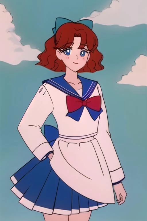 masterpiece, best quality,  sky, clouds, cityscape, smile, looking at viewer, 
,, <lora:Osaka Naru:1> school uniform,bow, serafuku,blue eyes,red hair, hair bow, skirt, blue sailor collar, sailor collar, long sleeves, pleated skirt, blue skirt,, (masterpiece:1.2), best quality, high resolution, unity 8k wallpaper, (illustration:0.8), (beautiful detailed eyes:1.6), extremely detailed face, perfect lighting, extremely detailed CG, (perfect hands, perfect anatomy),