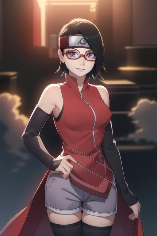 masterpiece, best quality,  sky, clouds, cityscape, smile, looking at viewer, 
,, <lora:Sarada:1> black hair, short hair, glasses, 1girl, red-framed eyewear, black eyes, solo, forehead protector, looking at viewer, thighhighs,( RED dress :1.5), detached sleeves, smile, konohagakure symbol, (small breasts:1.5) , (grey SHORT shorts:1.2), (masterpiece:1.2), best quality, high resolution, unity 8k wallpaper, (illustration:0.8), (beautiful detailed eyes:1.6), extremely detailed face, perfect lighting, extremely detailed CG, (perfect hands, perfect anatomy),