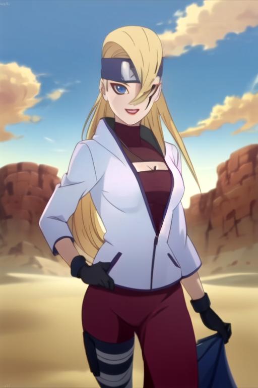 A woman in a white jacket and red pants standing in a desert - SeaArt AI