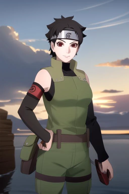 masterpiece, best quality,  sky, clouds, cityscape, smile, looking at viewer, 
,, <lora:mirai sarutobi-lora-nochekaiser:1> mirai sarutobi headband, black hair, (red eyes:1.3), short hair, forehead protector, konohagakure symbol,     vest, armband, green vest, shirt, black shirt, turtleneck, long sleeves,, (masterpiece:1.2), best quality, high resolution, unity 8k wallpaper, (illustration:0.8), (beautiful detailed eyes:1.6), extremely detailed face, perfect lighting, extremely detailed CG, (perfect hands, perfect anatomy),