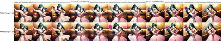 Minato Hikaru, ponytail, blue hair, blue eyes, pink dress, puffy dress, long sleeves, (party:1.1), dancing
