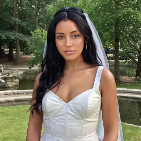 Hyperrealistic art photo of c1nd4 a woman, black hair, at a outdoor wedding, white dress, bride, looking at viewer, <lora:Cindy_Kimberly_SDXL:.9> . Extremely high-resolution details, photographic, realism pushed to extreme, fine texture, incredibly lifelike