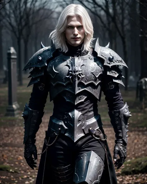 Black knight, castle at night, Gothic Realistic, 4k, brown skin, straight white hair, yellow eyes, holding a demon helmet
