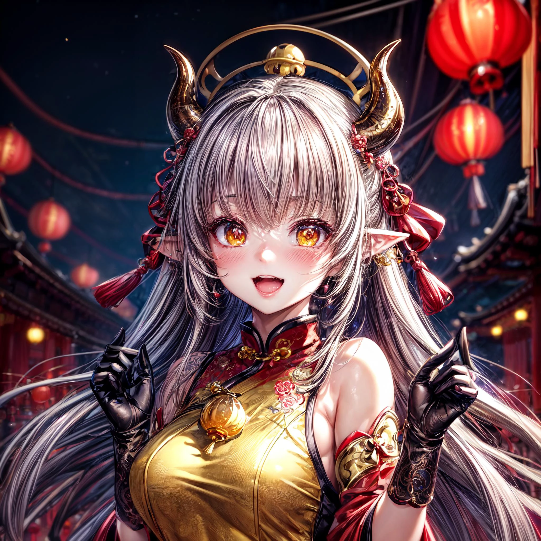 LunarChibiDragon,<lora:LunarChibiDragon:1>,masterpiece, (Best quality:1.2), highres, (scenary:1.2), Dynamic light, 1 cute girl,glowing lanterns,yellow hair,night, wearing cute traditional chinese gloves,cute, looking at viewer, cinematic lighting, dramatic angle, glowin yellow eyes, pointy ears, hair ornament, traditional red chinese long sleeved dress, bare shoulders, laces, AGGA_ST004, cute adorable face, ribbon,nice hands,detailed cute hands,lunar new year,happy facial emotion,open mouth,horns,dragon girl,backround fireworks scenery, <lora:add_detail:0.6> <lora:more_details:0.6> <lora:colorfix:0.6>