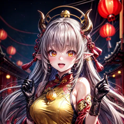 LunarChibiDragon,<lora:LunarChibiDragon:1>,masterpiece, (Best quality:1.2), highres, (scenary:1.2), Dynamic light,  1 cute girl,glowing lanterns,yellow hair,night, wearing cute traditional chinese gloves,cute, looking at viewer, cinematic lighting, dramatic angle, glowin yellow eyes, pointy ears, hair ornament, traditional red chinese long sleeved dress, bare shoulders, laces, AGGA_ST004, cute adorable face, ribbon,nice hands,detailed cute hands,lunar new year,happy facial emotion,open mouth,horns,dragon girl,backround  fireworks scenery, <lora:add_detail:0.6> <lora:more_details:0.6> <lora:colorfix:0.6>