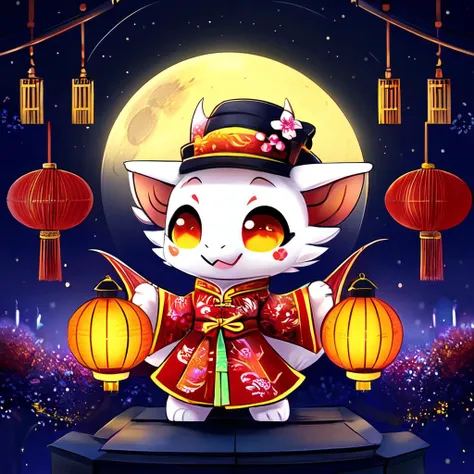 LunarChibiDragon,solo,hat,standing,tail,full body,flower,outdoors,wings,horns,sky,fang,chibi,no humans,night,moon,night sky,lantern,dragon,scales,architecture,company name,fireworks,east asian architecture,paper lantern,chibi,lunar new year, <lora:LunarChibiDragon:1>,cultural red and yellow chinese clothes