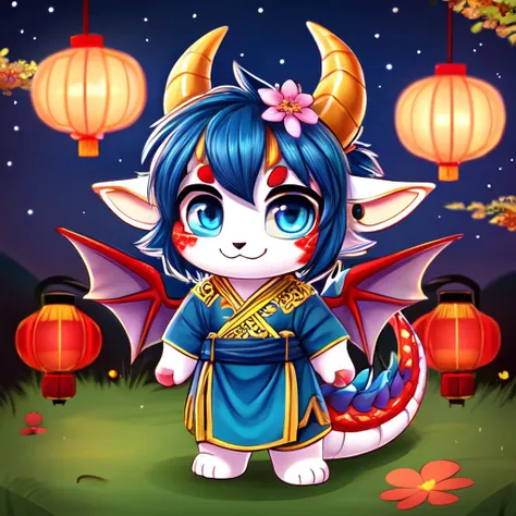 LunarChibiDragon,solo,looking at viewer,short hair,blue eyes,hair ornament,1boy,jewelry,blue hair,tail,full body,flower,male focus,multicolored hair,earrings,wings,horns,hair flower,chibi,:3,colored skin,dragon horns,lantern,dragon tail,scales,paper lantern,dragon wings,dragon boy,chibi,lunar new year, <lora:LunarChibiDragon:1>,cultural red and yellow chinese clothes