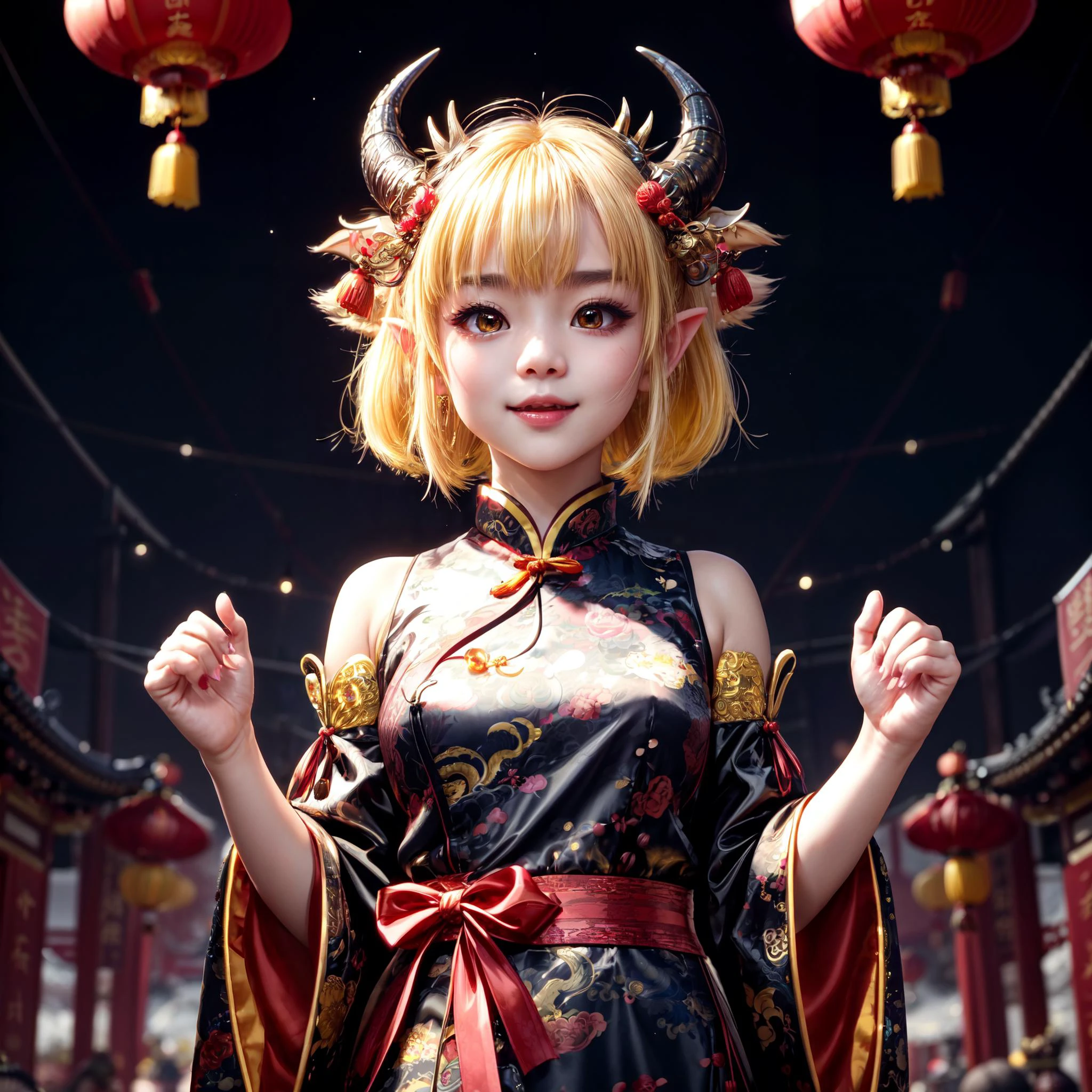 LunarChibiDragon,<lora:LunarChibiDragon:1>,masterpiece, (Best quality:1.2), highres, (scenary:1.2), Dynamic light, 1 cute girl,glowing lanterns,yellow hair,night, wearing cute traditional chinese gloves,cute, looking at viewer, cinematic lighting, dramatic angle, glowin yellow eyes, pointy ears, hair ornament, traditional red chinese long sleeved dress, bare shoulders, laces, AGGA_ST004, cute adorable face, ribbon,nice hands,detailed cute hands,lunar new year,happy facial emotion,open mouth,horns,dragon girl,backround fireworks scenery, <lora:add_detail:0.6> <lora:more_details:0.6> <lora:colorfix:0.6>
