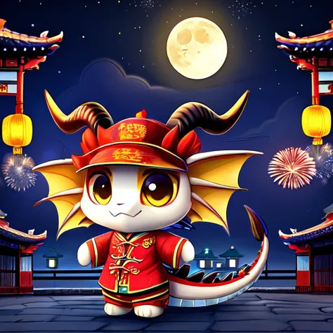 LunarChibiDragon,solo,hat,standing,tail,full body,flower,outdoors,wings,horns,sky,fang,chibi,no humans,night,moon,night sky,lantern,dragon,scales,architecture,company name,fireworks,east asian architecture,paper lantern,chibi,lunar new year, <lora:LunarChibiDragon:1>,cultural red and yellow chinese clothes