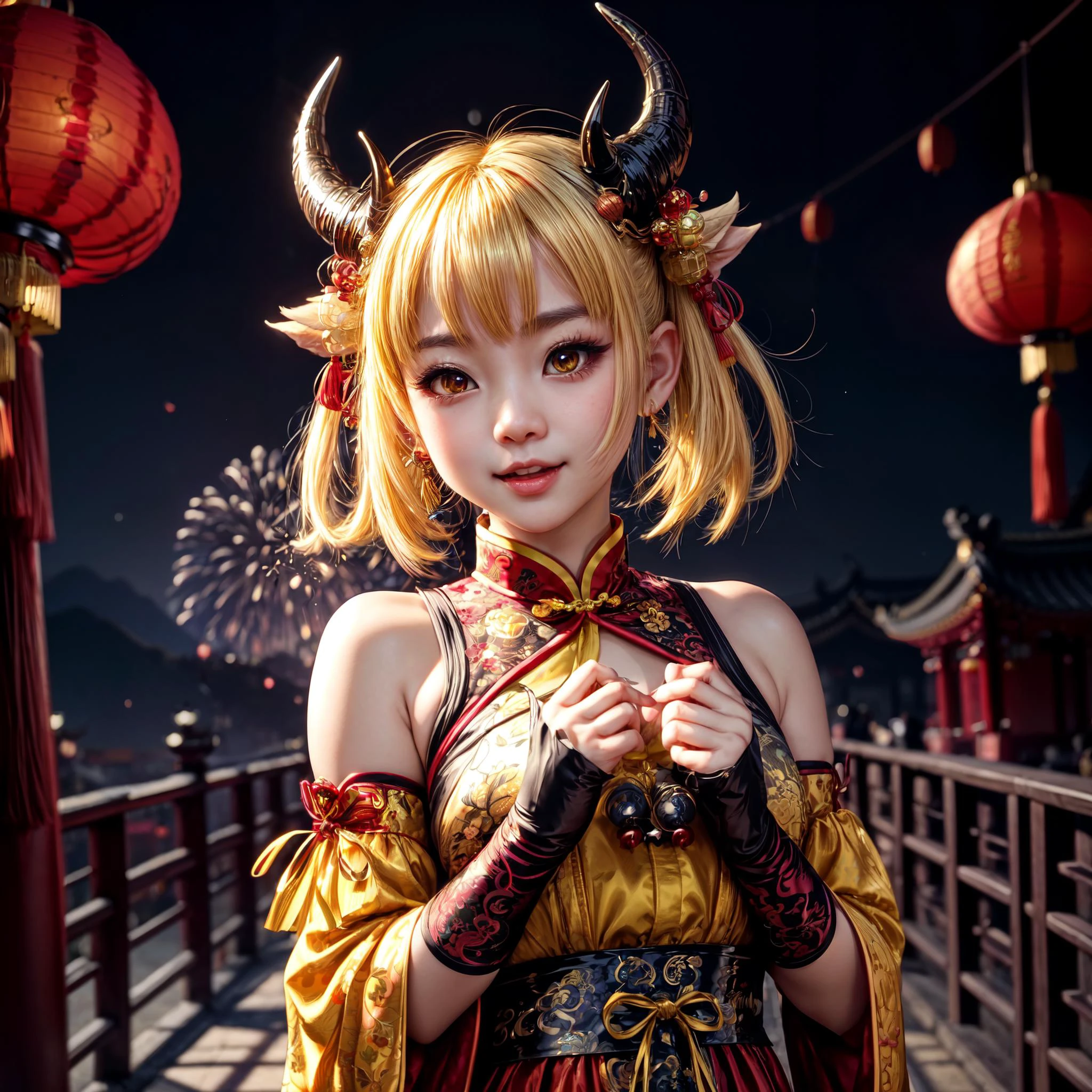 LunarChibiDragon,<lora:LunarChibiDragon:1>,masterpiece, (Best quality:1.2), highres, (scenary:1.2), Dynamic light, 1 cute girl,glowing lanterns,yellow hair,night, wearing cute traditional chinese gloves,cute, looking at viewer, cinematic lighting, dramatic angle, glowin yellow eyes, pointy ears, hair ornament, traditional red chinese long sleeved dress, bare shoulders, laces, AGGA_ST004, cute adorable face, ribbon,nice hands,detailed cute hands,lunar new year,happy facial emotion,open mouth,horns,dragon girl,backround fireworks scenery, <lora:add_detail:0.6> <lora:more_details:0.6> <lora:colorfix:0.6>