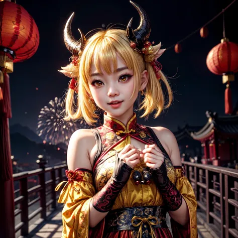 LunarChibiDragon,<lora:LunarChibiDragon:1>,masterpiece, (Best quality:1.2), highres, (scenary:1.2), Dynamic light,  1 cute girl,glowing lanterns,yellow hair,night, wearing cute traditional chinese gloves,cute, looking at viewer, cinematic lighting, dramatic angle, glowin yellow eyes, pointy ears, hair ornament, traditional red chinese long sleeved dress, bare shoulders, laces, AGGA_ST004, cute adorable face, ribbon,nice hands,detailed cute hands,lunar new year,happy facial emotion,open mouth,horns,dragon girl,backround  fireworks scenery, <lora:add_detail:0.6> <lora:more_details:0.6> <lora:colorfix:0.6>