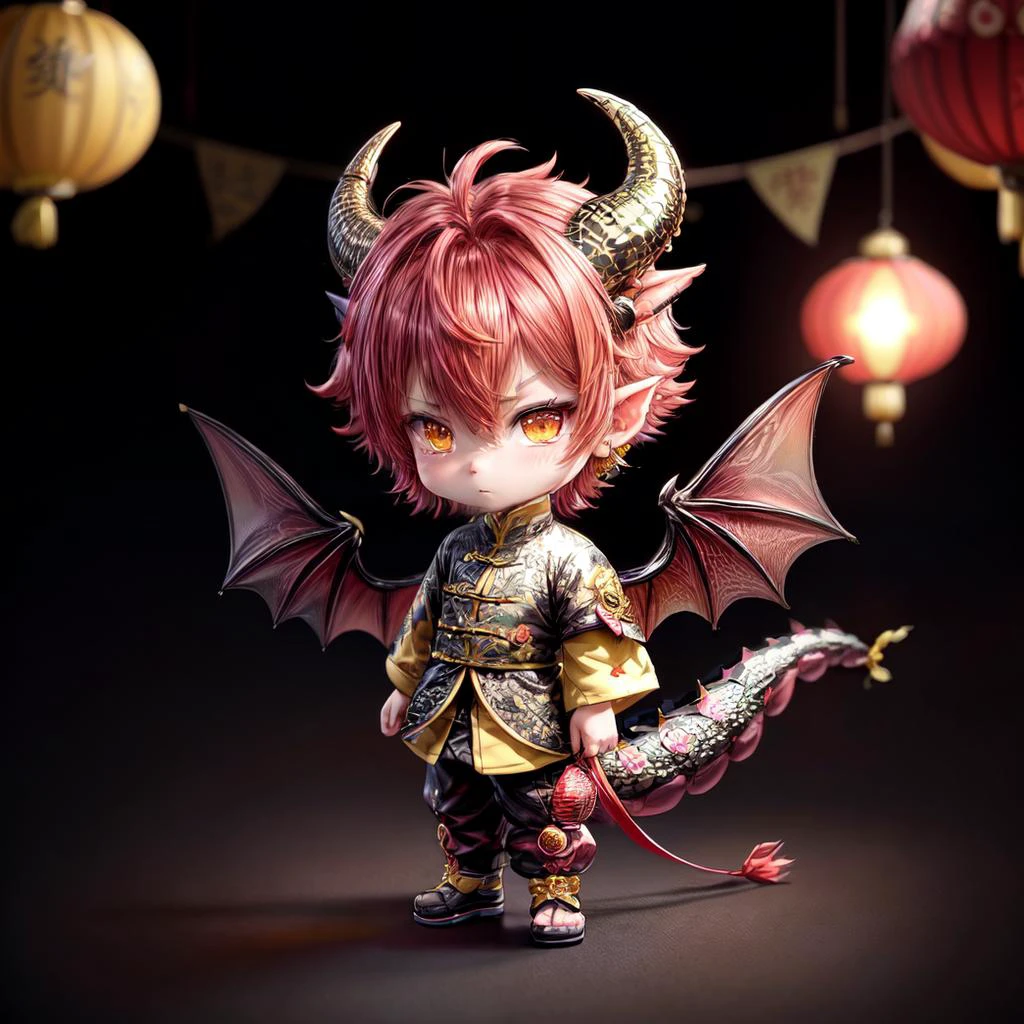 LunarChibiDragon,<lora:LunarChibiDragon:1>,solo,looking at viewer,short hair,yellow eyes,hair ornament,1boy,jewelry,redhair,tail,full body,flower,male focus,multicolored hair,earrings,wings,horns,hair flower,chibi,:3,colored skin,dragon horns,lantern,dragon tail,scales,paper lantern,dragon wings,dragon boy,chibi,lunar new year,yellow cultural chinese clothes with black lines,detailed backround,
<lora:add_detail:0.8> <lora:more_details:0.8>
