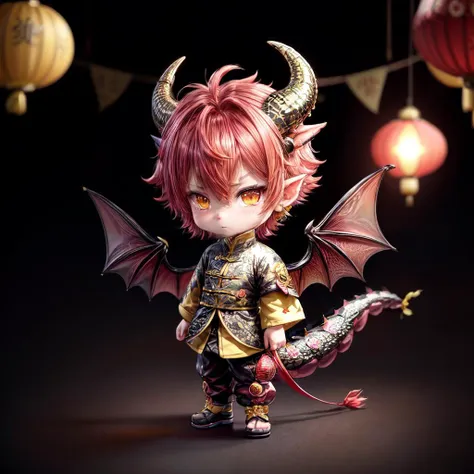 LunarChibiDragon,<lora:LunarChibiDragon:1>,solo,looking at viewer,short hair,yellow eyes,hair ornament,1boy,jewelry,redhair,tail,full body,flower,male focus,multicolored hair,earrings,wings,horns,hair flower,chibi,:3,colored skin,dragon horns,lantern,dragon tail,scales,paper lantern,dragon wings,dragon boy,chibi,lunar new year,yellow cultural chinese clothes with black  lines,detailed backround,
 <lora:add_detail:0.8> <lora:more_details:0.8>