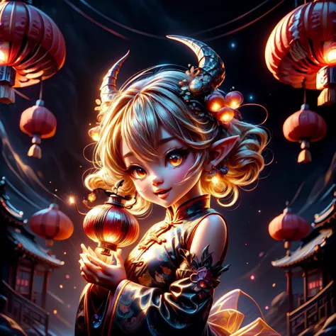 LunarChibiDragon,<lora:LunarChibiDragon:1>,masterpiece, (Best quality:1.2), highres, (scenary:1.2), Dynamic light,  1 cute girl,glowing lanterns,yellow hair,night, wearing cute traditional chinese gloves,cute, looking at viewer, cinematic lighting, dramatic angle, glowin yellow eyes, pointy ears, hair ornament, traditional red chinese long sleeved dress, bare shoulders, laces, AGGA_ST004, cute adorable face, ribbon,nice hands,detailed cute hands,lunar new year,happy facial emotion,open mouth,horns,dragon girl,backround  fireworks scenery, <lora:add_detail:0.6> <lora:more_details:0.6> <lora:colorfix:0.6>