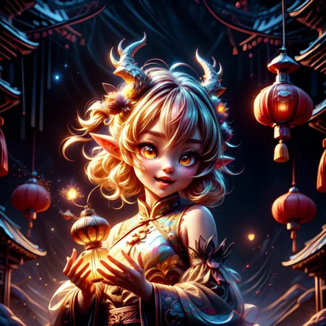 LunarChibiDragon,<lora:LunarChibiDragon:1>,masterpiece, (Best quality:1.2), highres, (scenary:1.2), Dynamic light,  1 cute girl,glowing lanterns,yellow hair,night, wearing cute traditional chinese gloves,cute, looking at viewer, cinematic lighting, dramatic angle, glowin yellow eyes, pointy ears, hair ornament, traditional red chinese long sleeved dress, bare shoulders, laces, AGGA_ST004, cute adorable face, ribbon,nice hands,detailed cute hands,lunar new year,happy facial emotion,open mouth,horns,dragon girl,backround  fireworks scenery, <lora:add_detail:0.6> <lora:more_details:0.6> <lora:colorfix:0.6>