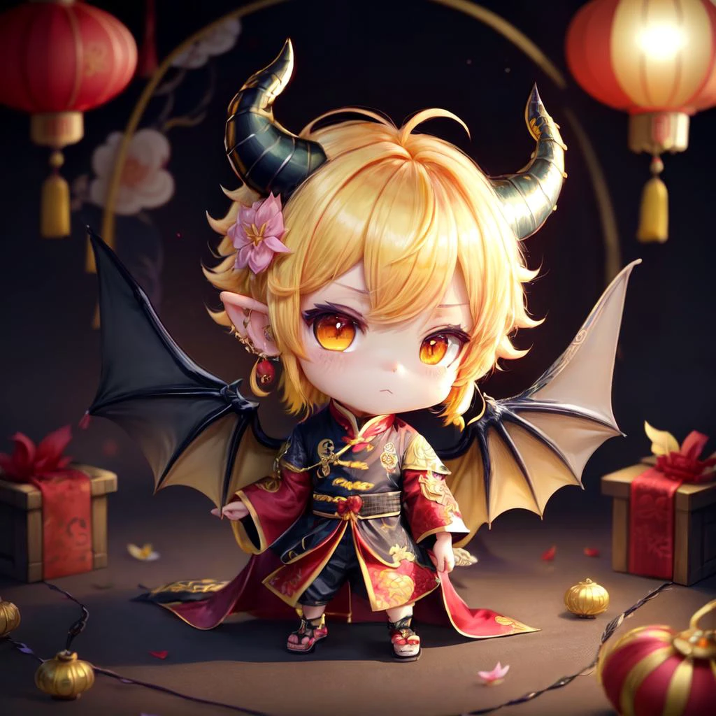 LunarChibiDragon,<lora:LunarChibiDragon:1>,solo,looking at viewer,short hair,yellow eyes,hair ornament,1boy,jewelry,yellow hair,tail,full body,flower,male focus,multicolored hair,earrings,wings,horns,hair flower,chibi,:3,colored skin,dragon horns,lantern,dragon tail,scales,paper lantern,dragon wings,dragon boy,chibi,lunar new year,red cultural chinese clothes,detailed backround,
<lora:add_detail:0.8> <lora:more_details:0.8>