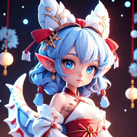 LunarChibiDragon,<lora:LunarChibiDragon:1>,masterpiece, (Best quality:1.2), highres, (scenary:1.2), Dynamic light,  1 cute girl,glowing lanterns,,night. cute, looking at viewer, cinematic lighting, dramatic angle, blue eyes, pointy ears, hair ornament, traditional red chinese dress, bare shoulders, laces, AGGA_ST004, cute adorable face, ribbon,nice hands,detailed cute hands,lunar new year,happy facial emotion,open mouth,horns,dragon girl