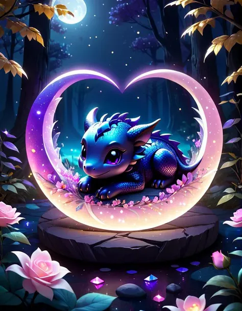 <lora:LunarChibiDragon:1> <lora:CrystalsHeart:1> crystalsheart,lunarchibidragon, sleeping dragon on a crescent moon, black and white scales, golden scales, glowing scales, kind eyes, 4 wings, night sky, light and dark swirls,, volumetric lighting, etheral, epic detail, 4k, 8k, cute, chibi, <lora:Magical_Forest_Home_v2:1> magical_forest_homecrystals, depth of field, gem, gradient, purple, blue gradient, heart, love, reflective floor, gem with pink flowers inside, glitter, godrays, volumetric lighting, purple flower, rose quartz, in the hands of two friends, glowing, neon streaks, pulsating light, dark and light themes,