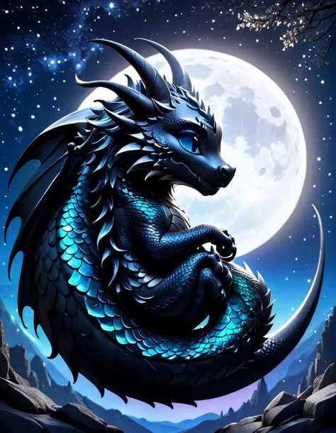 <lora:LunarChibiDragon:1> <lora:CrystalsHeart:1> crystalsheart,lunarchibidragon, sleeping dragon on a crescent moon, black and white scales, night sky, light and dark swirls,, volumetric lighting, etheral, epic detail, 4k, 8k, cute, chibi,