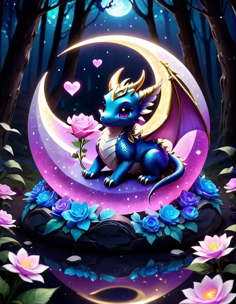 <lora:LunarChibiDragon:1> <lora:CrystalsHeart:1> crystalsheart,lunarchibidragon, sleeping dragon on a crescent moon, black and white scales, golden scales, glowing scales, kind eyes, 4 wings, night sky, light and dark swirls,, volumetric lighting, etheral, epic detail, 4k, 8k, cute, chibi, <lora:Magical_Forest_Home_v2:1> magical_forest_homecrystals, depth of field, gem, gradient, purple, blue gradient, heart, love, reflective floor,   gem with pink flowers inside, glitter, godrays, volumetric lighting, purple flower, rose quartz, in the hands of two friends, glowing, neon streaks, pulsating light, dark and light themes,