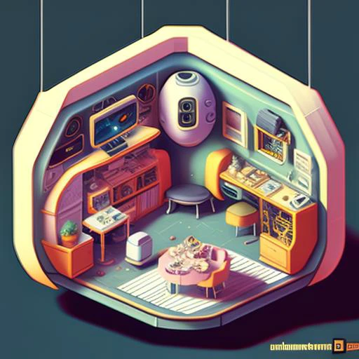 a rendition of a Isometric_Dreams,  with a computer desk and a chair,a computer generated image of a room with a spiral staircase and a globe on the wall