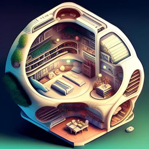 a cropped photo of the Isometric_Dreams, a computer generated image of a bedroom with a tree in the middle of it and a staircase leading to the second floor