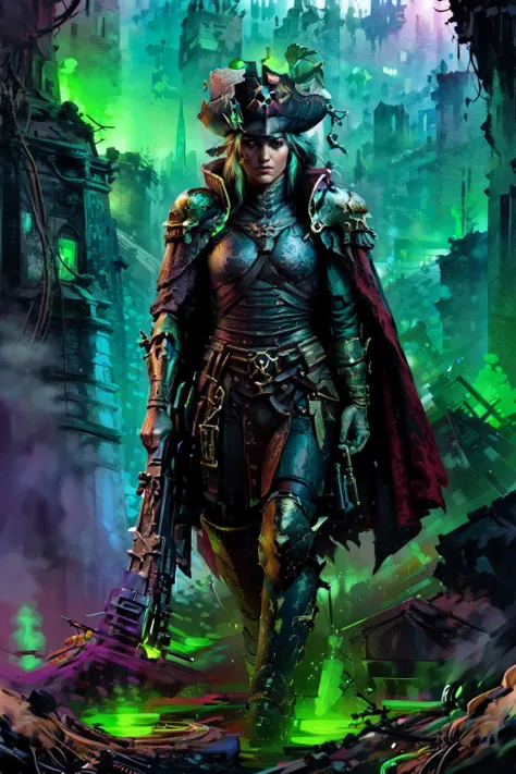 [1girl, rogue trader, solo, armor, full body, epaulettes, jewelry, holding weapon, hat, uniform, cape, shoulder armor, bicorne, prosthetic arm, high heel boots], exploring_ruins, ruins, towering_city, ruined_city, lost_technology, Necron_Architecture, electricity, green_glow, green_theme, comic_style, by Garth Ennis, thick_lines, hand_colored, small_figure, dynamic_pose, ultra-detailed), (masterpiece), (best_quality), (cinematic_lighting), (vibrant_colors)