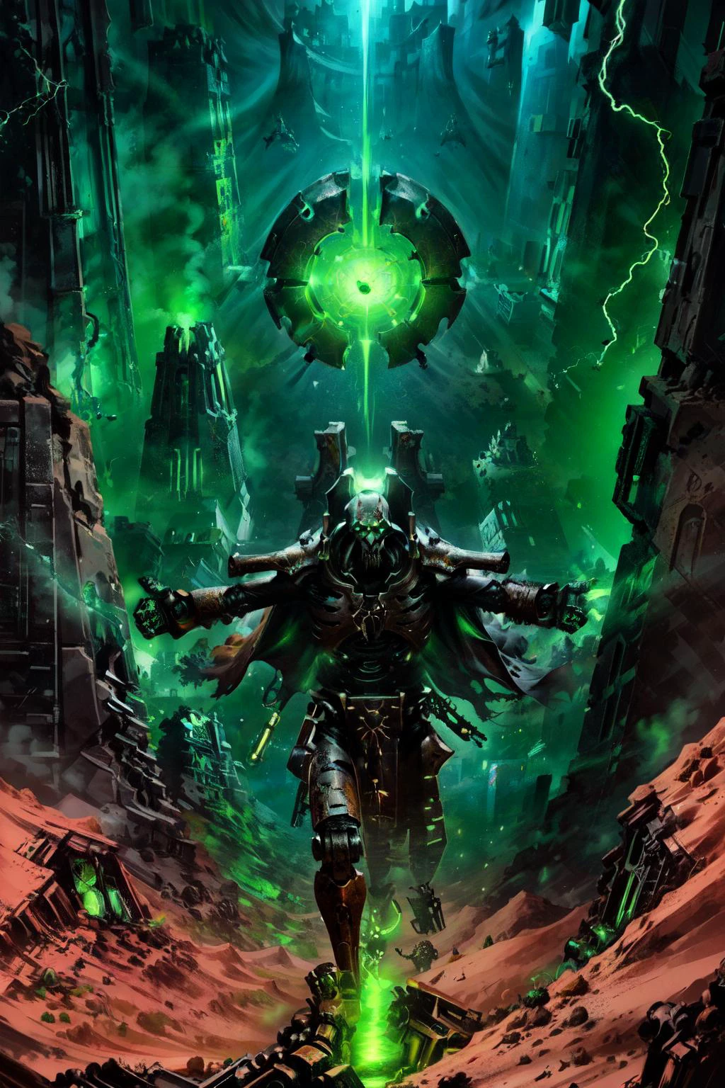 [1man, male_focus, glowing, armor, robot, green eyes, glowing eyes, skull, cape, looking at viewer, orb, electricity, outstretched arms], desert, ruins, hallway, ruined_city, lost_technology, Necron_Architecture, electricity, green_glow, green_theme, comic_style, by Garth Ennis, thick_lines, hand_colored, dynamic_pose, ultra-detailed), (masterpiece), (best_quality), (cinematic_lighting), (vibrant_colors)