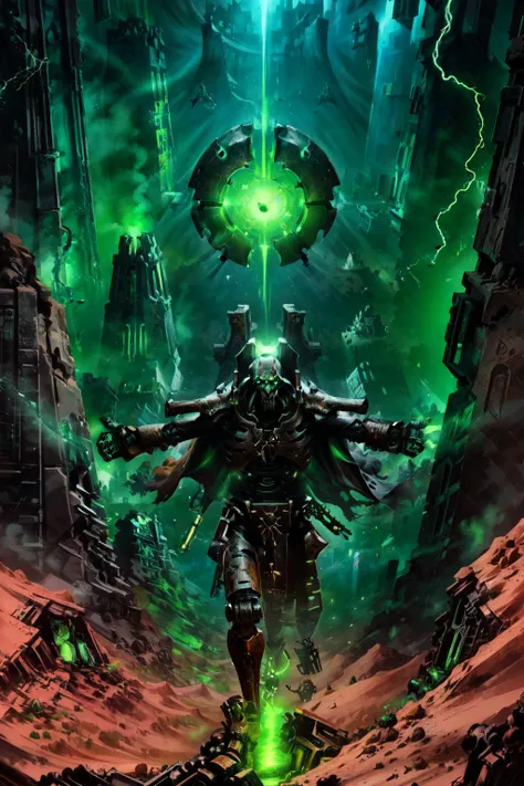 [1man, male_focus, glowing, armor, robot, green eyes, glowing eyes, skull, cape, looking at viewer, orb, electricity, outstretched arms], desert, ruins, hallway, ruined_city, lost_technology, Necron_Architecture, electricity, green_glow, green_theme, comic_style, by Garth Ennis, thick_lines, hand_colored, dynamic_pose, ultra-detailed), (masterpiece), (best_quality), (cinematic_lighting), (vibrant_colors)