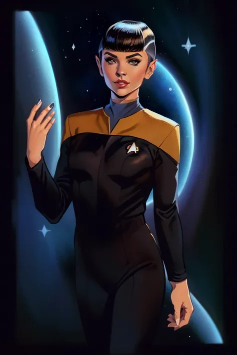 Vulcan woman in  voyunf gold and black uniform,black pants,black sleeves,, [anguish|boredom|aroused|smirk], space, [undercut:0.2], pasties, flat chest,, looking at viewer, comic book illustration, Star Trek
<lora:Voy6batchDebiasGold:0.8>