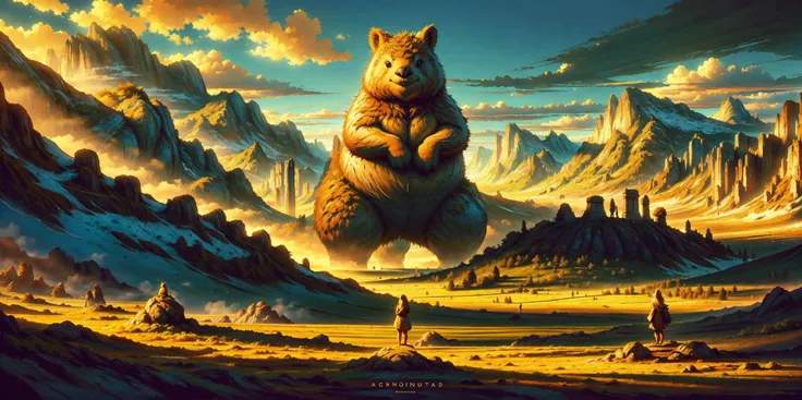 Ancient Creatures of Monumental Proportions, adorable quokka, lush fields, grand mountains in the background, natural lighting, best shadow, woman standing before them in awe, imaginative, <lora:GoodHands-beta2:1> <lora:Ancient_Creatures_of_Monumental_Proportions:0.7>