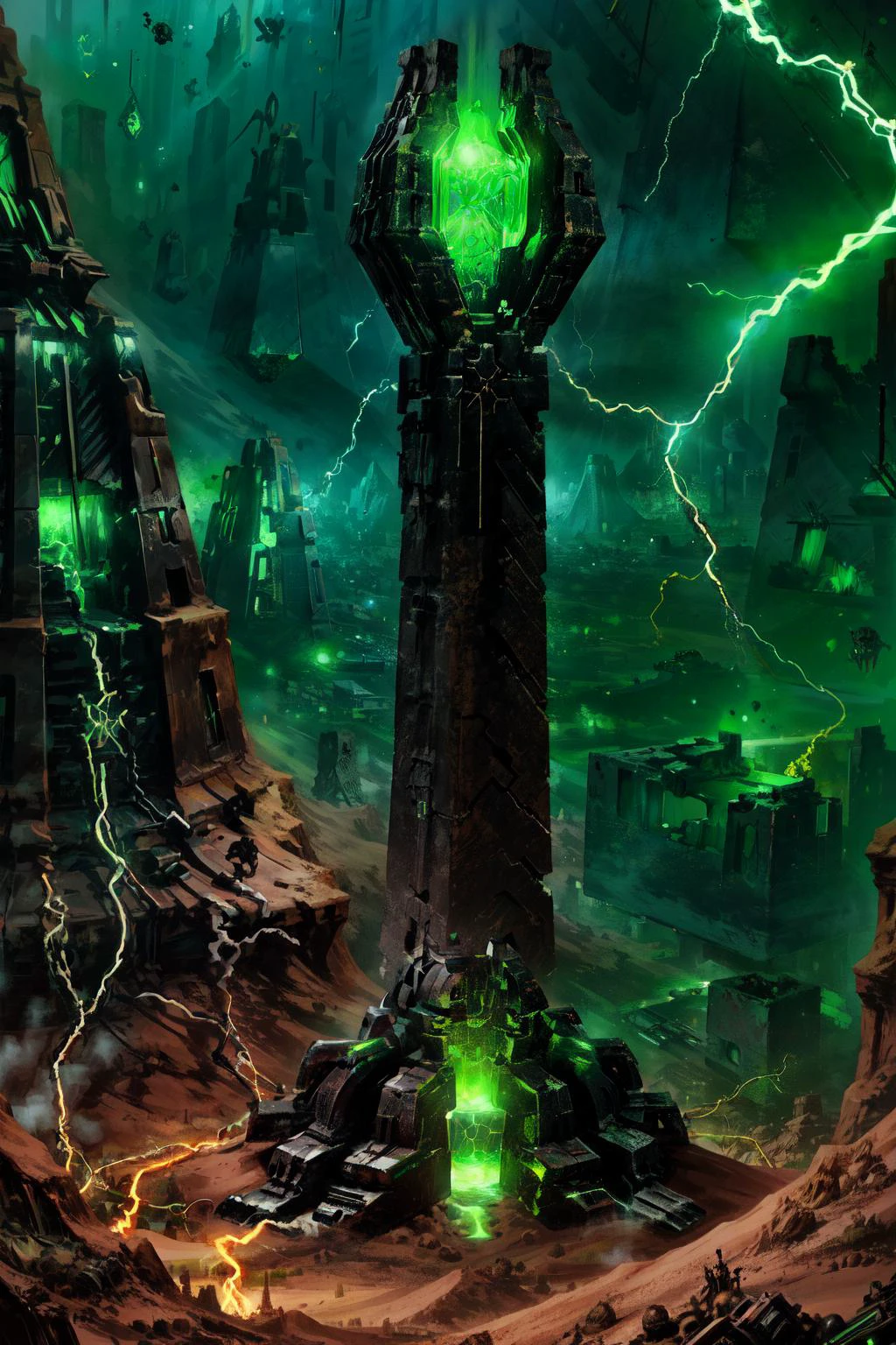[1man, glowing, armor, robot, green eyes, glowing eyes, skull, staff, cape, looking at viewer, holding staff, orb, electricity, outstretched arms], desert, ruins, towering_city, ruined_city, lost_technology, Necron_Architecture, electricity, green_glow, green_theme, comic_style, by Garth Ennis, thick_lines, hand_colored, small_figure, dynamic_pose, ultra-detailed), (masterpiece), (best_quality), (cinematic_lighting), (vibrant_colors)
