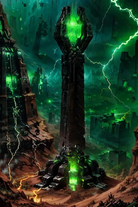 [1man, glowing, armor, robot, green eyes, glowing eyes, skull, staff, cape, looking at viewer, holding staff, orb, electricity, outstretched arms], desert, ruins, towering_city, ruined_city, lost_technology, Necron_Architecture, electricity, green_glow, green_theme, comic_style, by Garth Ennis, thick_lines, hand_colored, small_figure, dynamic_pose, ultra-detailed), (masterpiece), (best_quality), (cinematic_lighting), (vibrant_colors)