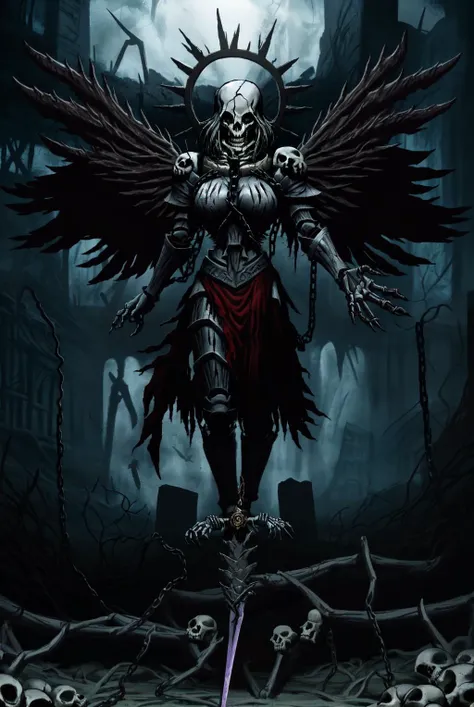 celestine, angel, armor, shoulder armor, breastplate, iron halo, wings, sword, chain, barefoot, horror_(theme), skulls, ruins, bones, rib_cages, looking_at_viewer,