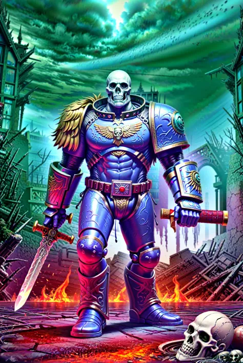 guilliman, full armor, blue eyes, blonde hair, headwear removed, male focus, holding sword, flaming sword, full body, gauntlets, horror_(theme), skulls, ruins, bones, rib_cages, looking_at_viewer,