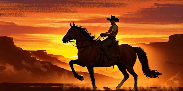 (extremely detailed, intricate details, highres), man, male, broad shoulders, cowboy riding a horse, prairie, sunset, orange sky, dusk, clouds, desert canyon, western style, wild west, dust, natural lighting, best shadow, imaginative, highly detailed