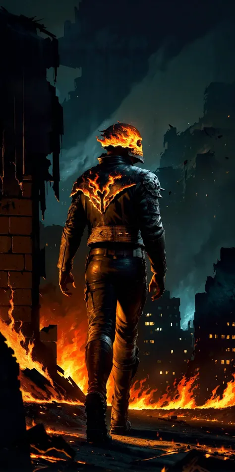 (extremely detailed, intricate details, highres), man in a skull helmet, broad shoulders, leather jacket, stompers boots, walking forward, night city, flames, fire, burning, blazing, fire everywhere, ruins and debris, apocalypse, natural lighting, best shadow, imaginative, highly detailed