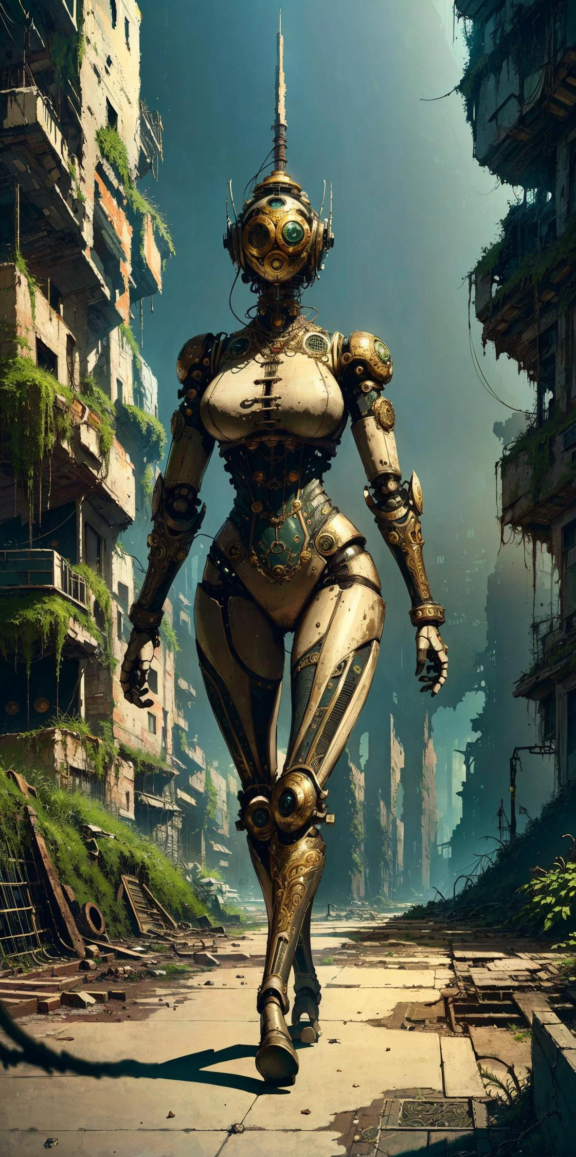 (extremely detailed, intricate details, highres), steampunk robot walking through destroyed city, tubes, cables, intricate ornament, victorian patterns, ruins, debris, cement and grass, post-apocalypse, overgrown city, natural lighting, best shadow, imaginative, highly detailed