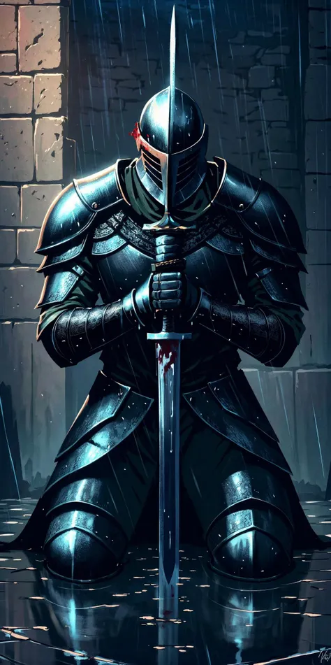 (extremely detailed, intricate details, highres), man, male, broad shoulders, knight in shiny armor, intricate armor, ornament, helmet, holding a sword, kneeling, ((covered in blood)), medieval battlefield, stone walls, dead bodies, grey sky, heavy rain, downpour, dark clouds, wet, puddles, dirt, natural lighting, best shadow, imaginative, highly detailed