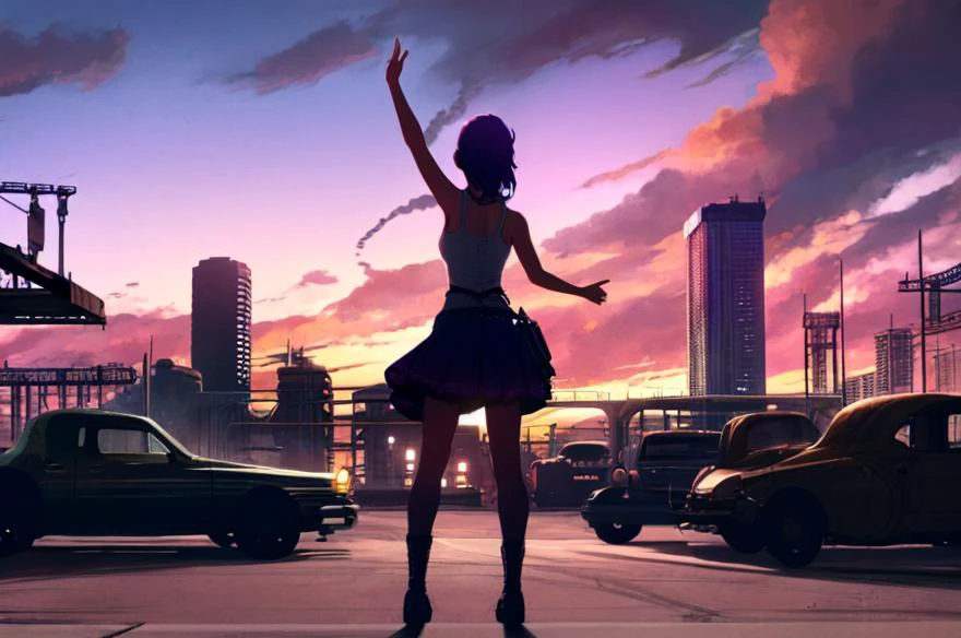 SciStyle art of a full body girl with (pink/violet hair), facing away, her arm is raised, blue skirt and white tank top, (silhouette) in the distance, background of a multilevel parking lot with (steampunk cars,) , cityscape, inkpunk, 2.5d