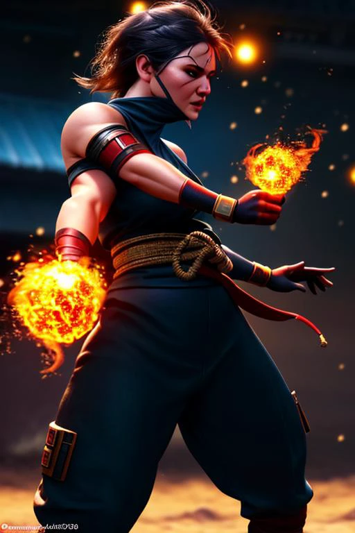 photorealistic cinematic photo a woman in ninja gear throwing fireballs . 35mm photograph, film, bokeh, professional, 4k, highly detailed . highly detailed, lifelike, precise, accurate, detailed skin texture, (blush:0.5), (goosebumps:0.5), subsurface scattering
