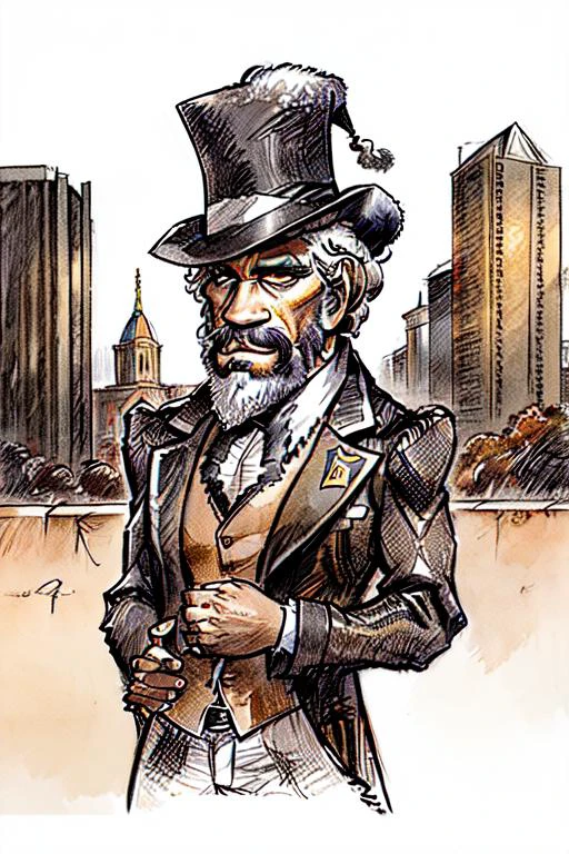 RAW, photo, cityscape, top hat, cowboy shot <lora:Caricatrix:1>, caricatrix, (FrederickDouglass:1.1), scistyle