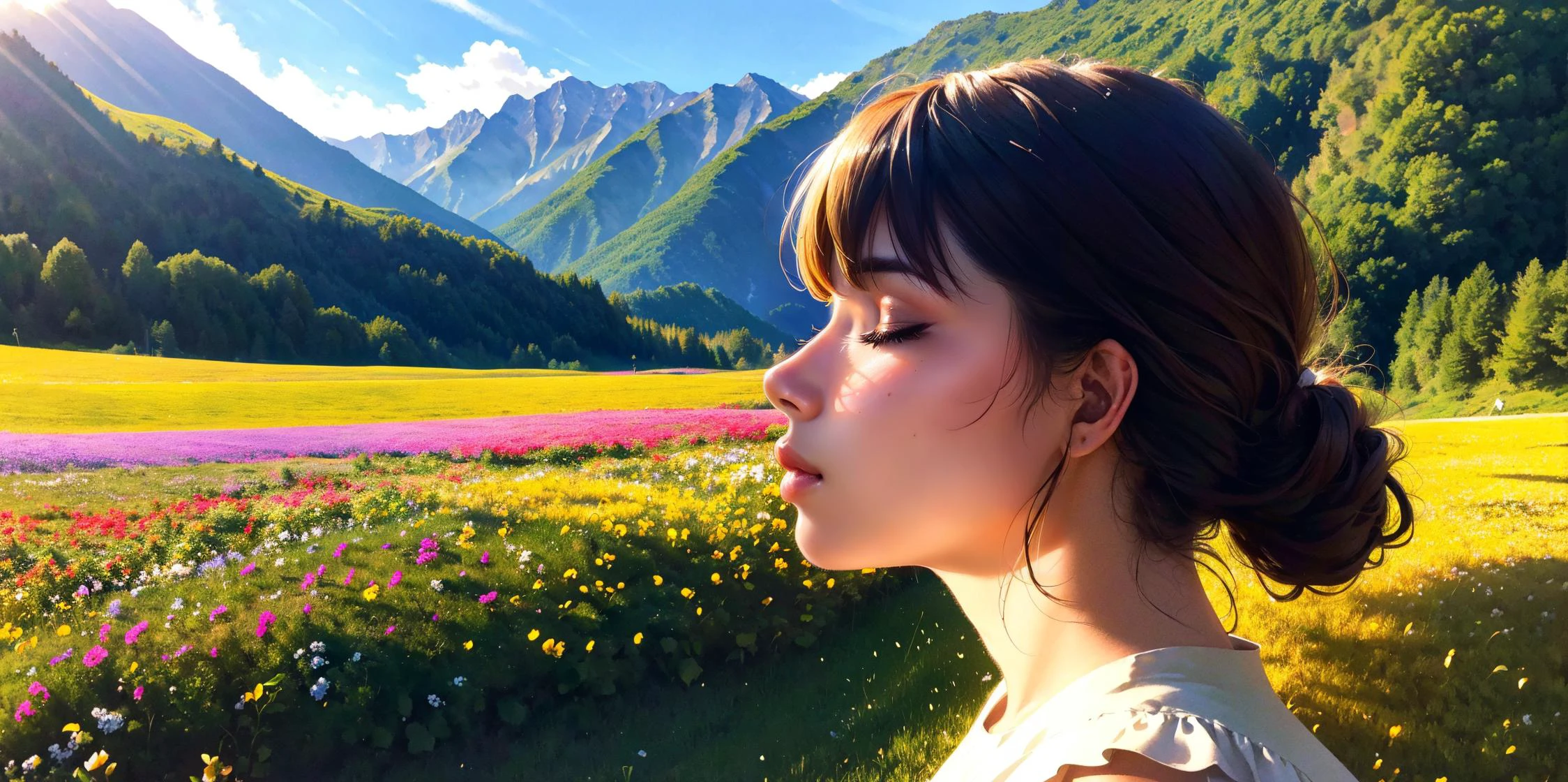 (extremely detailed, intricate details, highres), wide shot, long shot, 1girl, 1other, MILF, solo, sideview, photo of a (woman kissing Shiba Inu), closed eyes, breasts, nice dress, at noon, bright sunlight, field of flowers, mountains in the distance, natural light, best shadow, imaginative, highly detailed