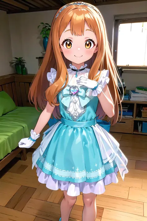 best quality, ultra-detailed, (1girl, solo,<lyco:little_my_cinderella-v1:1>, littlemycinderella, ichihara_nina, orange hair,  standing, smile), indoors