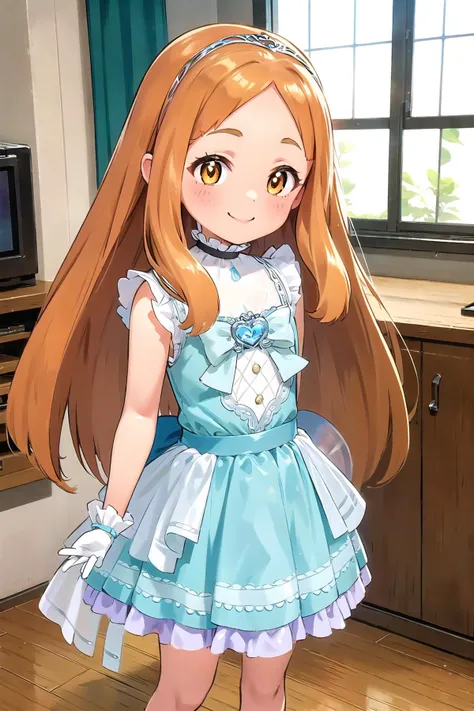 best quality, ultra-detailed, (1girl, solo,<lyco:little_my_cinderella-v1:1>, littlemycinderella, ichihara_nina, orange hair,  standing, smile), indoors