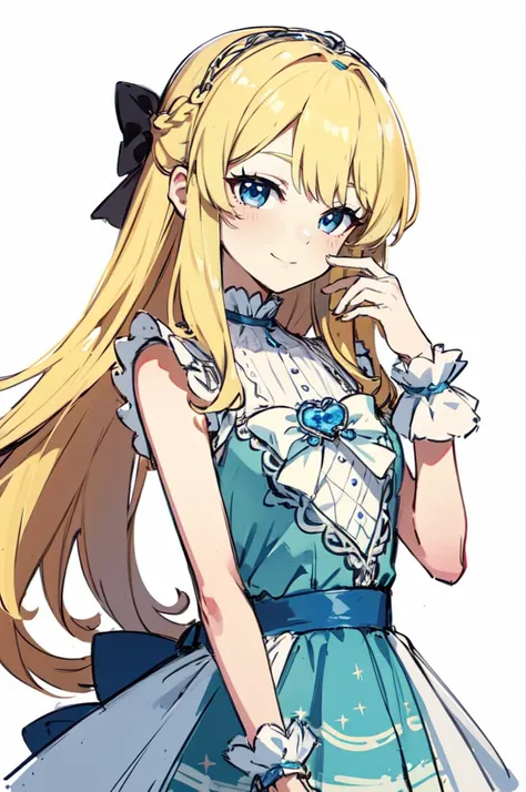 <lora:little_my_cinderella-v1:1> littlemycinderella,, ultra detailed, masterpiece, best quality, aesthetic, detailed,, solo, soft smile, light smile,
1girl, blue eyes, very long hair, blonde hair, long blonde hair, french braid, bangs, medium breasts,